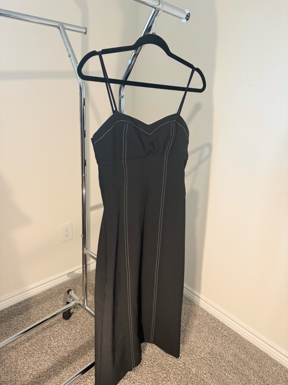 Zara Black Spaghetti Strap Midi Dress with Contrast Stitching
